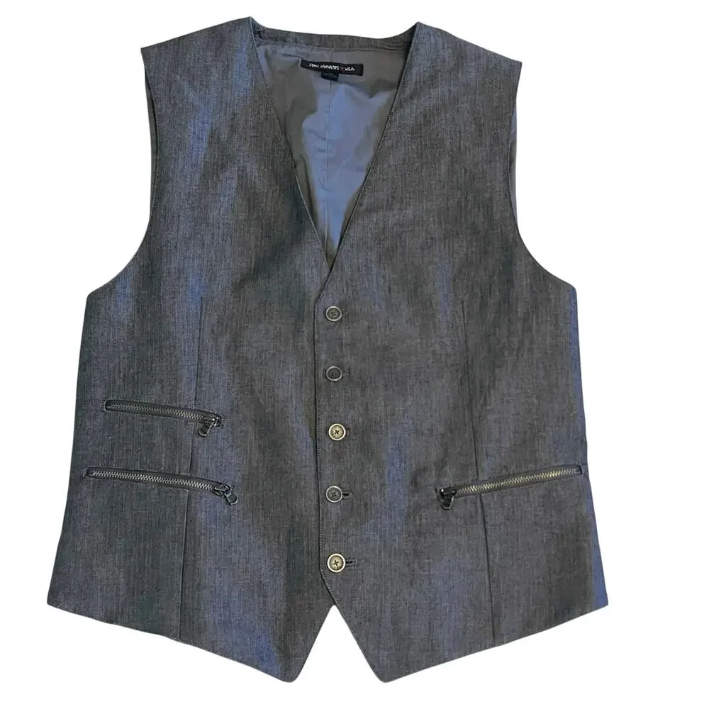 John Varvatos USA Waistcoat Vest Grey Zippered Pockets Linen Cotton Size 42